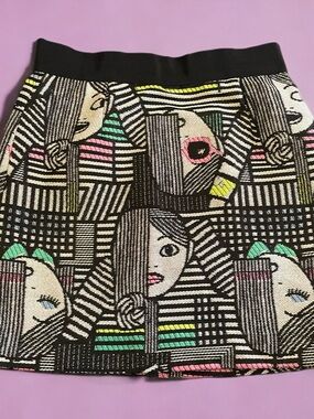Black Graphic Face Knit Mini Skirt with Multicolor Accents